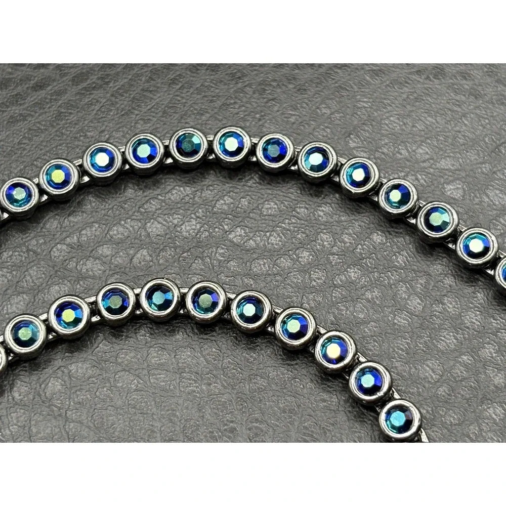 Japanned Dark Silver Tone Blue Aurora Borealis Crystal Tennis Necklace 17-19